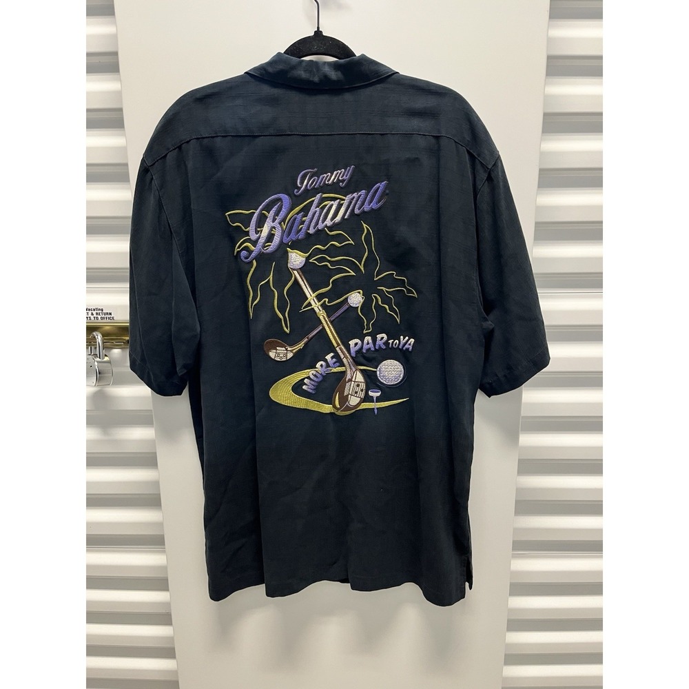 Tommy Bahama Shirt Mens M Black Golf Embroidered More Par to Ya Loop Collar